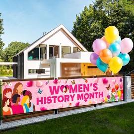 Womens History Month Banner,Large Women's History Month Banner Pink National Women's History Month Decorations for Indoor Outdoor Fence Yard Sign Photo Background Decoration,9.8 × 2ft