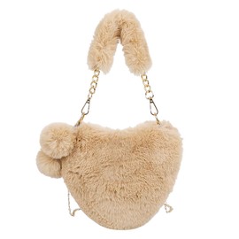 TINAYAUE Women's Cute Crossbody Bag Girls Plush Handbag Fashion Heart Shape Chain Bag Soft Princess Shoulder Bag Valentine's Day Handbag for Office, Travel, Shopping and Daily Life, khaki