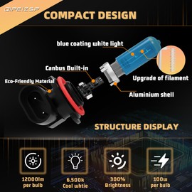 QIPEIZSP headlight bulbs compatible with Kenworth T680 T880 (2013-2019), 9005/HB3/H10 High Beam+H11/H9 Low Beam, 36000LM 6500K white Super Bright, Pack of 4