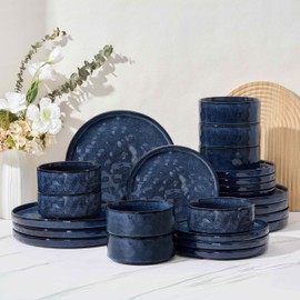 Herogo 24 Pieces Dinnerware Sets for 8, Plates and Bowls Sets for Home Serving, Stoneware Dining Dishes, Dishwasher & Microwave Safe, Starry Blue