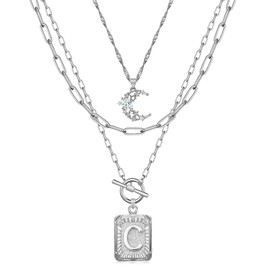 MJartoria Layered Initial Necklaces for Women Trendy, 14K Gold Plated Simple Moon Choker Square Letter Pendant Necklace, Paperclip Chain Necklace, Gold Necklaces Jewelry Gifts (Silver, C)
