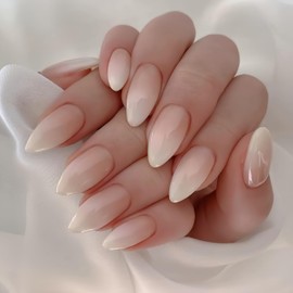 Ombre French False Nails Medium Almond, SXVME French Press on Nails Medium, Gradient Nude White Fake Nails Almond, Ombre Pink Nude Nails Press on, Acrylic Stick on Nails for Women Daily Wear