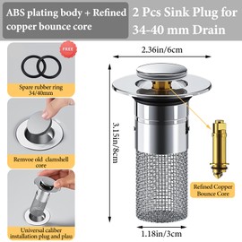 Pack of 2 Sink Plugs for 34-40 mm, Pop-Up Drain Strainers with Hair Strainer, Universal Sink Plug for Sink, Drain Guard for Reliable Protection Against Blockages