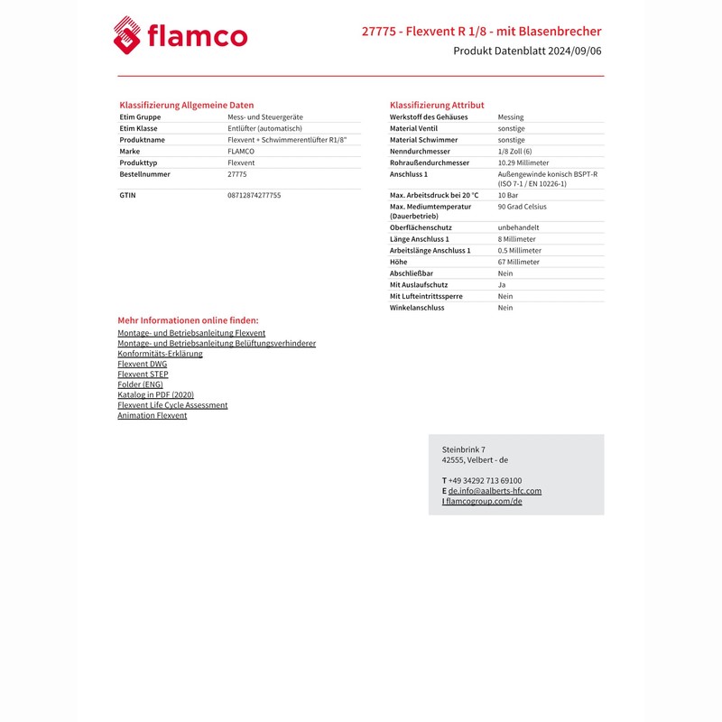 Flamco Flexvent Automatic Bleed Valve 1/8 Inch Float Valve -