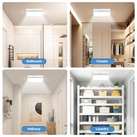 2Pack Motion Sensor Rechargeable Ceiling Light with Remote, Cordless Closet Light Battery Operated Lamp, 3 Colors Motion Activated Overhead Shower Light for Bathroom Pantry Hallway Porch Stair Patio