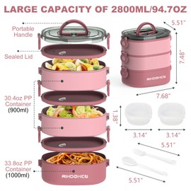 RIKDOKEN Lunch Box, Stackable 3 Layers Containers, Portable 94OZ Large Capacity Leakproof Bento Box with Spoon & Fork & Sauce Boxes, Microwave Safe Lunch Box for Kids and Adults