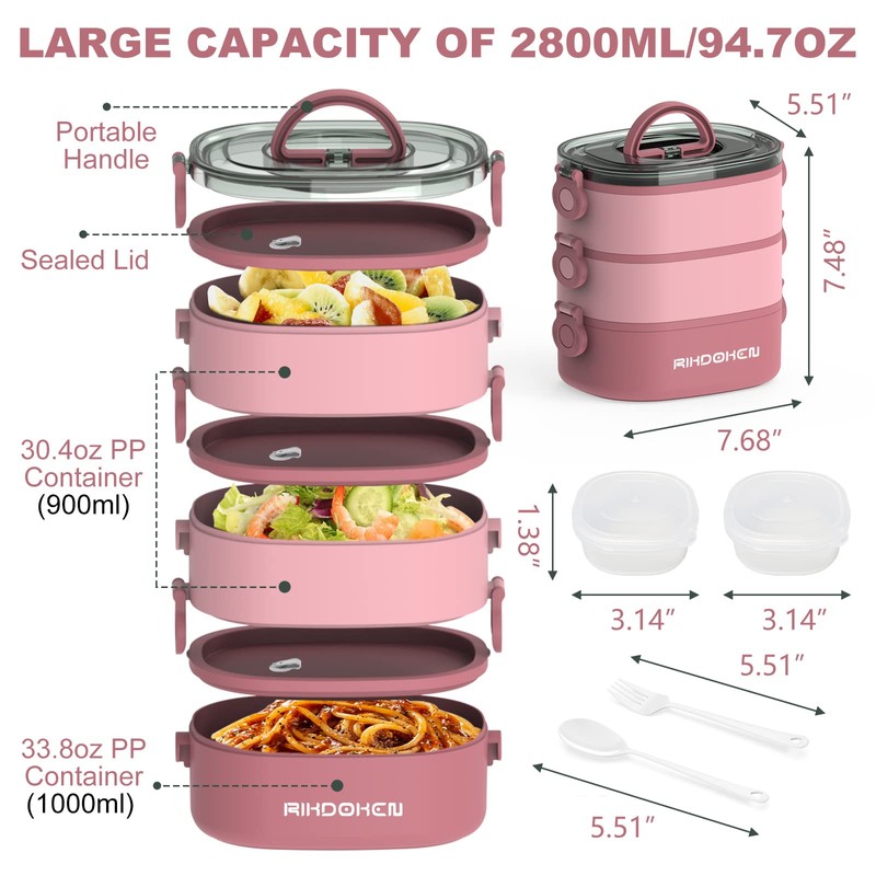 RIKDOKEN Lunch Box, Stackable 3 Layers Containers, Portable 94OZ Large