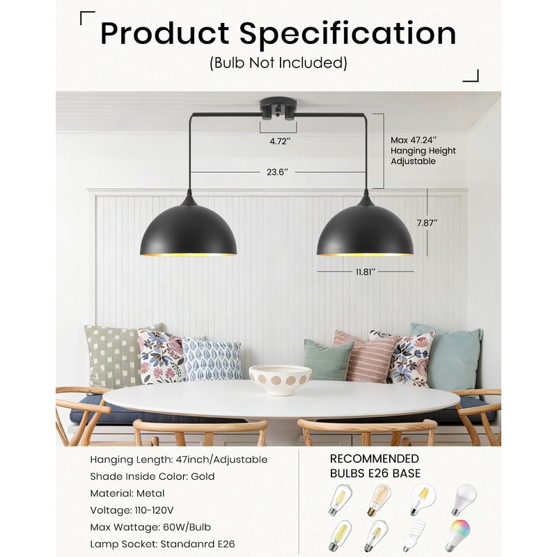 Otmilance Black Pendant Lights Kitchen Island 2-Light, Black Dome Pendant