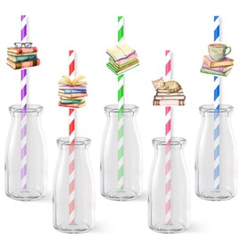 Serencatcher 50pcs Book Theme Party Paper Straws, Disposable Striped Drinking Straws for Book Library Reading Themed Baby Shower Birthday Party Favors Supplies, Book Club Lover Gifts, 5 Styles