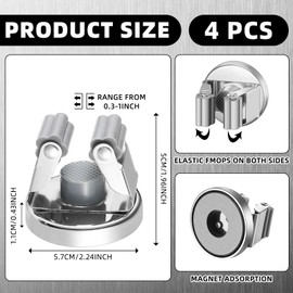 Vercraft 4 Pcs Magnetic Mop Broom Holder Movable Magnetic Broom Holder Rack, Magnetic Holder Anti Slip Wall Mounted Utility for Cleaning Tools, Garage, Kitchen, Laundry, Garden (Silver)