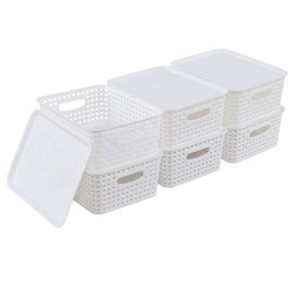 Nesmilers 6-Pack Small Plastic Weave Basket, Stackable Storage Baskets with Lids, White
