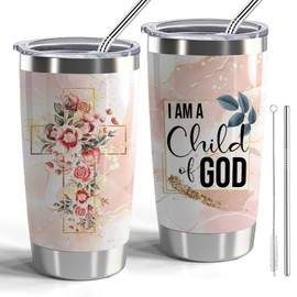 Christian Cross Gift Religious Gift I Am A Child God 20oz Tumbler with Lid and Straw Stainless Steel Insulated Tumbler Scripture Gift (Pink-Child of God)