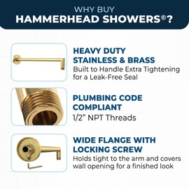 HammerHead Showers® ALL METAL 16 Inch Extended Shower Arm and Flange with Set Screw, Long Shower Arm, Extends Rain Shower Overhead, Wall-Mounted Rain Shower Arm, Brushed Gold