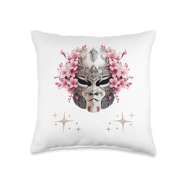 Samurai Mask Japanese Anime Kawaii Blossom Cherry Flower Throw Pillow
