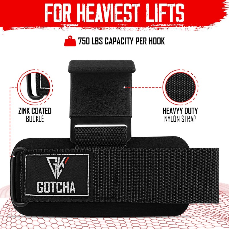 GotchaKart Weight Lifting Hooks for Deadlifting (Pair) – 600lbs Capacity,