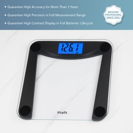 Vitafit Digital Bathroom Weight Scale for Body Weight, High Accuracy Assured by Weighing Professional Since 2001,Extra Large Blue Backlit LCD and Step-On, 400lb/182kg, Superb Black