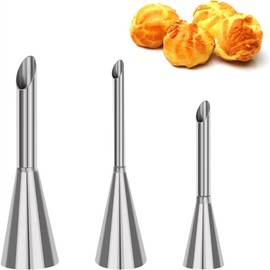 WHTCHSU 3pcs/set Cream Icing Piping Nozzle Tips, Professional Stainless Steel Long Cream Puff Nozzle Decor Small Pastry Icing Piping Decorating Tools(Silver)