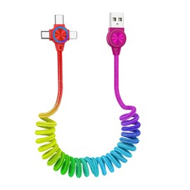 Laugwey Rainbow Spring 3 in 1 USB Charging Cable,Cute Colourful Multi Nylon Braided Coiled 3 in 1 Charger Cable for Car/Work/Home/Travel/Entertainment