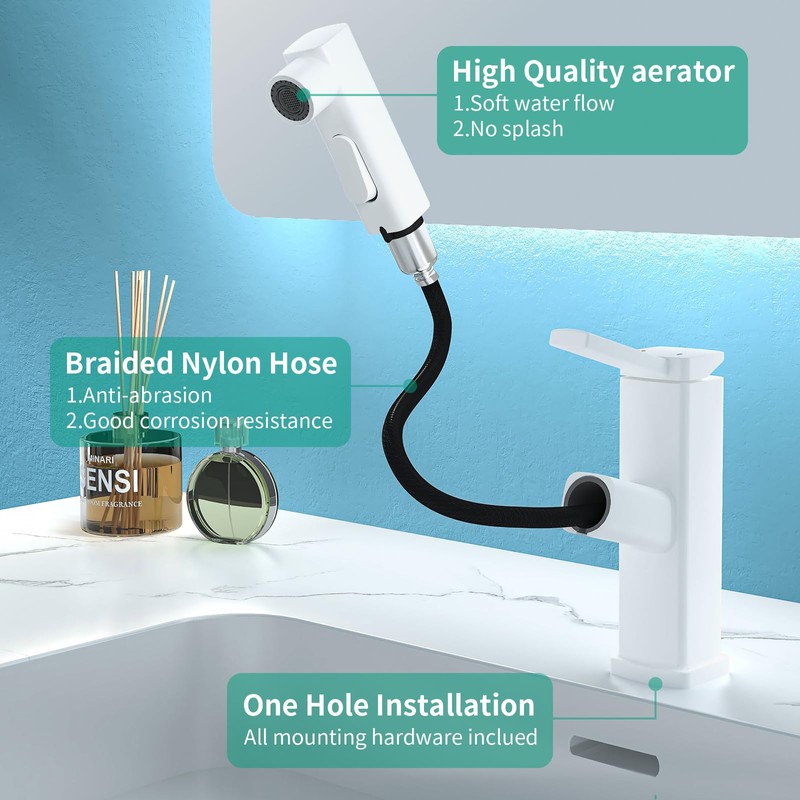 HEROBAI Single Hole Bathroom Faucet, Single Handle Pull Out Faucet,