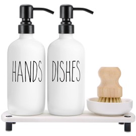 MOMEEMO White Soap Dispenser Set Comes with Stainless Steel Pumps, Instant Dry Tray, and Dish Scrub Brush, Suitable for Kitchen Accessories and Farmhouse Decor. (White)