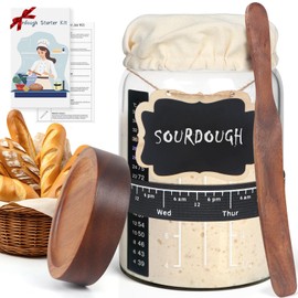 Sourdough Starter Jar Glass, 34 Oz DIY Wide-mouth Pro Sourdough Starter Jar Kit with Acacia Spatula, Cholkboard Sign, Thermometer, Feeding Band, cloth cover, Reusable Sourdough Bread Baking Supplies.