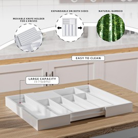 WUSHIZHUHUN Silverware Drawer Organizer Bamboo Knife Organizer Drawer Insert Expandable Utensil Holder for Kitchen Drawer Flatware Holder W12.8-20.2" x L16 x H2 (White)