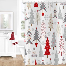 GCIREC Christmas Tree Shower Curtain, Grey Beige Red Xmas Tree with Stars Snowflake Cute Bathroom Curtain for Boys Girls Bathtub Decor Waterproof Washable Fabric with 12 Hooks, 72''Lx72''W