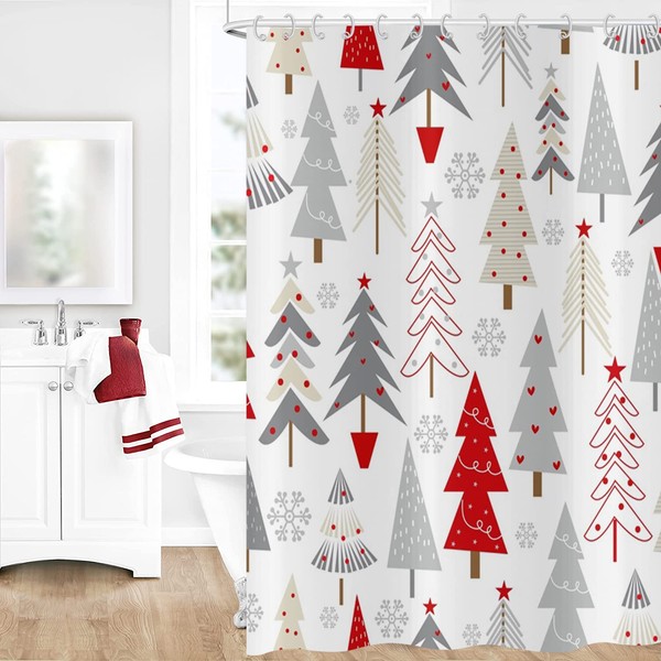 GCIREC Christmas Tree Shower Curtain, Grey Beige Red Xmas Tree