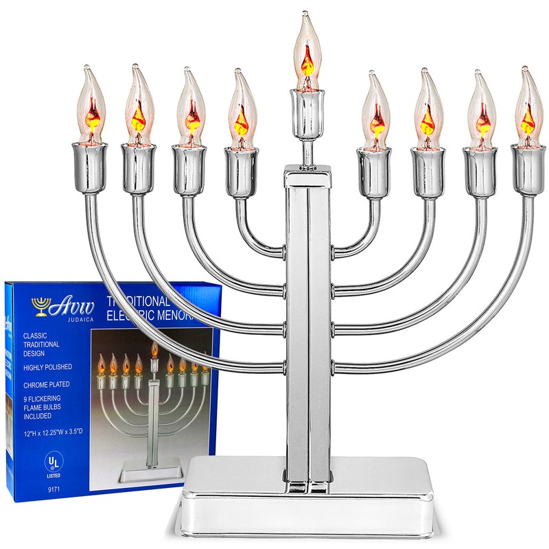Aviv Judacia Electric Hanukkah Menorah Chrome Plated Metal Chanukiah Candelabra