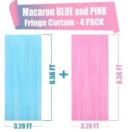 4 Pack Macaron Pink Blue Foil Fringe Curtain Backdrop, 3.28Ft x 6.56Ft Metallic Tinsel Foil Fringe Streamers for Photo Booth, Wedding Gender Reveal Backdrop Boy or Girl Birthday Party Decoration