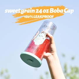 sweet grain Reuasble Boba Cup, 24 oz 100% Leak Proof and Double Wall Insulated Iced Coffee Tumbler with Reusable Plastic Straws and Straw Cleaner(Sky Blue)