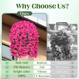 2Pcs UV Resistant Artificial Flowers for Outdoors, Realistic Faux Silk Bougainvillea Flowers, Fake Hanging Plants for Porch Patio Balcony Decoration (Rose red & Purple)