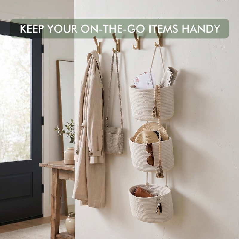 Wall Hanging Rope Baskets 3-Tier Boho Organizers (White & White,