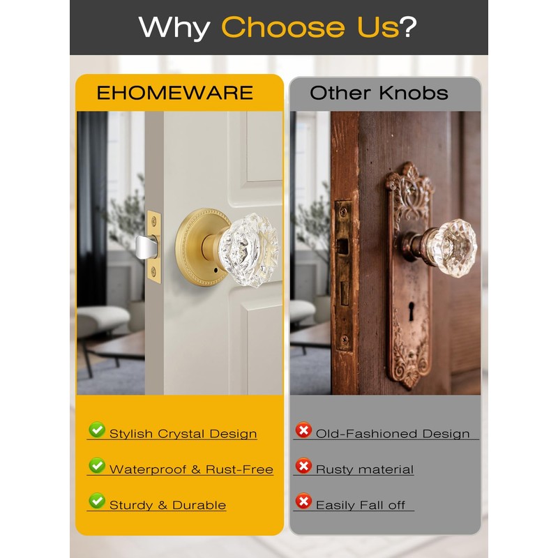 EHOMEWARE 1 Pack Glass Door Knobs Interior, Door Locks for
