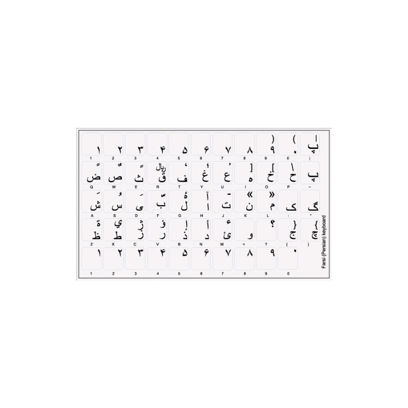 FARSI (PERSIAN) KEYBOARD DECALS ON TRANSPARENT BACKGROUND with BLUE, BLACK,