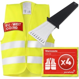 PURAHELP Set of 4 Car Safety Vests – Valid throughout Europe According to EN ISO 20471 – Includes Ice Scraper – Reflective Safety Vest Car Safety Vest Yellow – High Visibility Vest