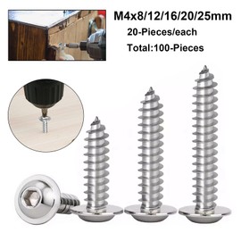 FandWay M4 x 8/12/16/20/25mm 304 Stainless Steel Hex Socket Head With Washer Self-Tapping Screws (100-Pieces Silver Set)