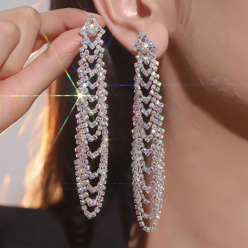 Chargances Boho Rhinestone Tassel Long Earrings for Women Sparkling Crystal