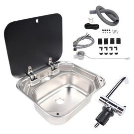 Cafe Bar Kitchen RV Sink with Folding Faucet A and Lid, Stainless Steel Single Bowl Hand Wash Basin Drop In Sink with Cover for Bar Caravan Van RV Camper Motor Home Trailer Accessories