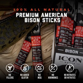 ICON Meats Bison and Pork Snack Sticks - Original Flavor - 24 Pack of Individually Wrapped Jerky Meat Sticks, USDA Approved, All Natural, Diet Friendly, High Protein, Low Calorie, Sugar Free