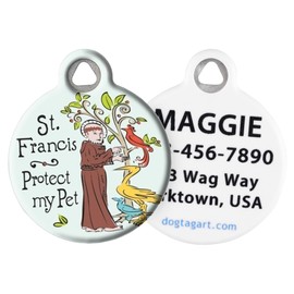 Dog Tag Art St Francis Protect My Pet Religious Pet ID Tag for Dogs and Cats, Silent Polymer Coated Stainless Steel Nametag with Customized Identification Information - Small .875" Diameter