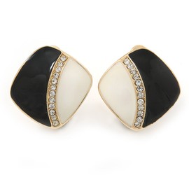 Clear Crystal Black/Cream Enamel Square Clip On Earrings In Gold Tone/20mm Tall
