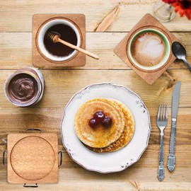 Acacia Wood Coasters for Drink Coffee Table Coaster Set of 6 Cup Coasters with Holder Natural Wooden Coasters Rustic Men Beer Coasters Modern Outdoor Coasters Gift Home Decor Farmhouse Coasters