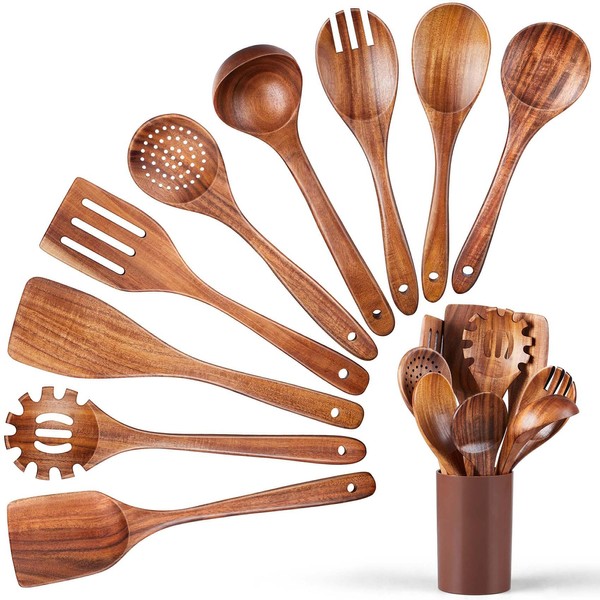 Onader Wooden Kitchen Utensils Set with Holder, 10Pcs Teak Wood