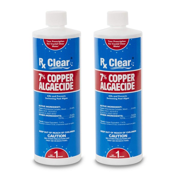 Rx Clear 7% Copper Algaecide | Kills and Prevents Algae for In-Ground and Above Ground Swimming Pools | Safe Formula for Swimmers | One Quart Bottles | 2 Pack