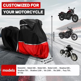 Waterproof Motorcycle Cover Replace for Honda Cruiser Rebel250、Shadow 600、Vtx1300, 420D Oxford Cloth Motorcycle Cover for Snow Rain Dust Protection,All Weather Protection