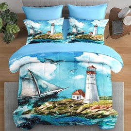 Pamnest Comforter Set Queen Size, Boat Sailboat Sea 7 Pcs Bedding Set for Kids and Adults, Seascape Lighthouse Sea Bed Sheet Sets with Fitted Sheet 2 Pillowcases & 2 Shams for Bedroom Bed Decor