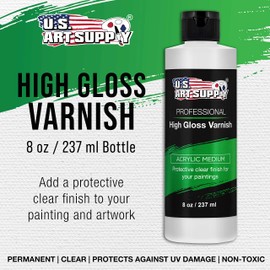 U.S. Art Supply Professional High Gloss Varnish, 8 Ounce - Acrylic Medium, Clear Permanent Protective Finish for Paintings & Artwork, Apply Over Dry Acrylic Paint - Glossy Shine, UV Protection Coating