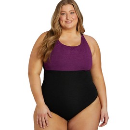 Sporti Plus Size Textured Chlorine Resistant High Neck Colorblock One Piece Slimsuit II - Black/Amethyst - 24W