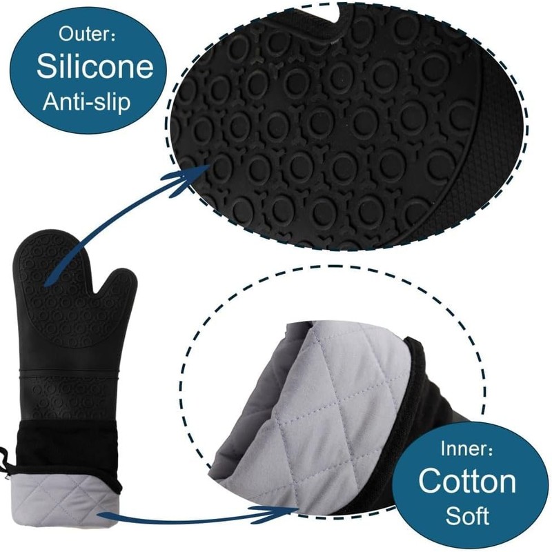 Extra Long Professional Silicone Oven Mitts with Quilted Liner, Durable